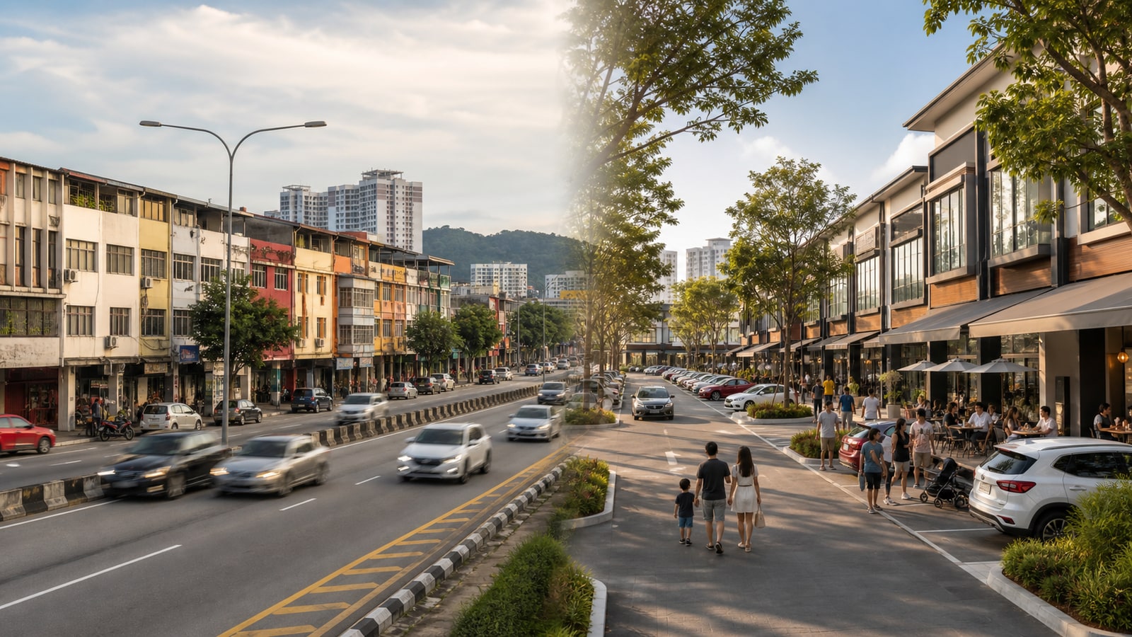 Main-road frontage compared with a planned internal commercial street